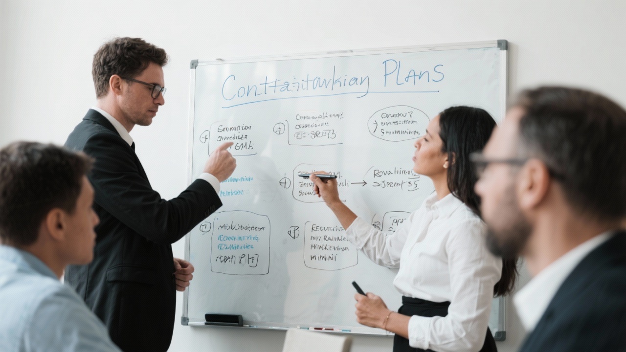 Consultants and SME leadership brainstorming contingency plans on whiteboard detailing communication protocols and recovery steps