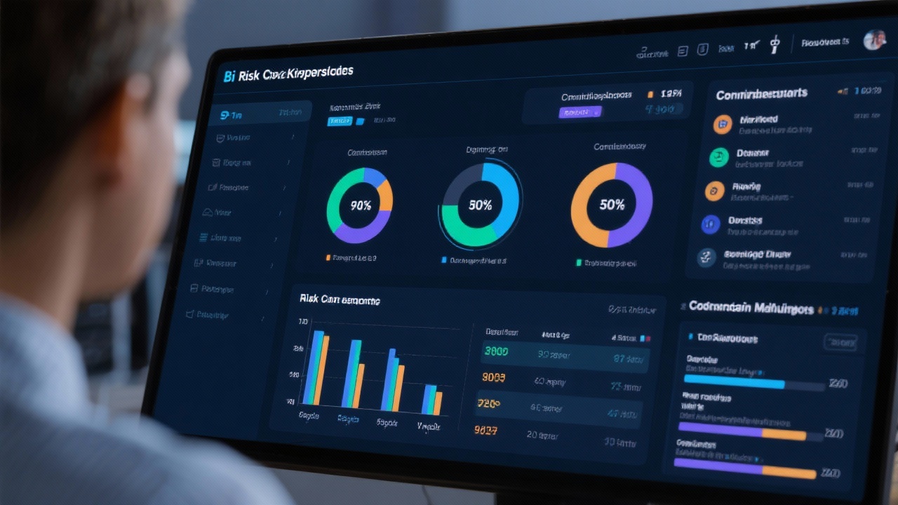 Power BI dashboard showing risk key performance indicators supply chain disruptions and compliance status reviewed by consultants