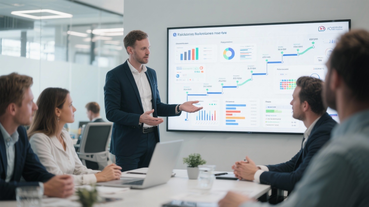 Risk consultant presenting implementation roadmap with dashboards and milestones to Dutch SME management team inside contemporary office setting