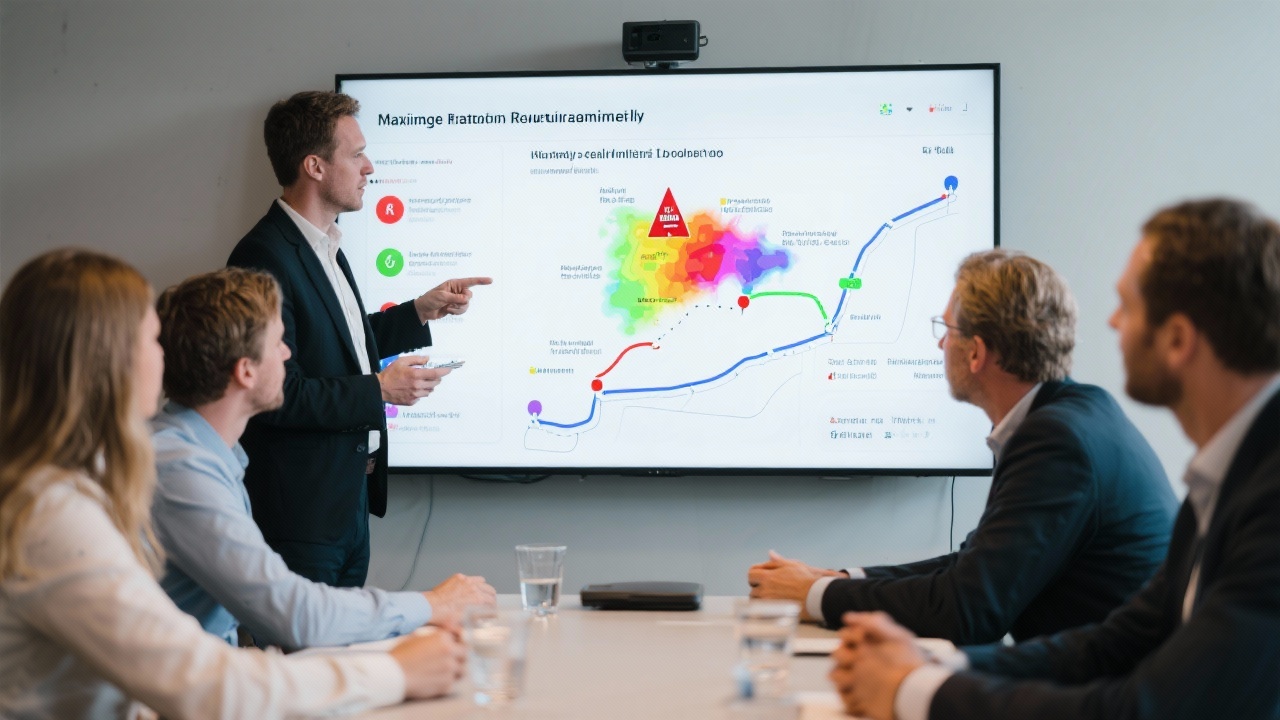 Consultant facilitating strategic planning workshop with Dutch SME leaders reviewing risk heatmap and roadmap on digital display